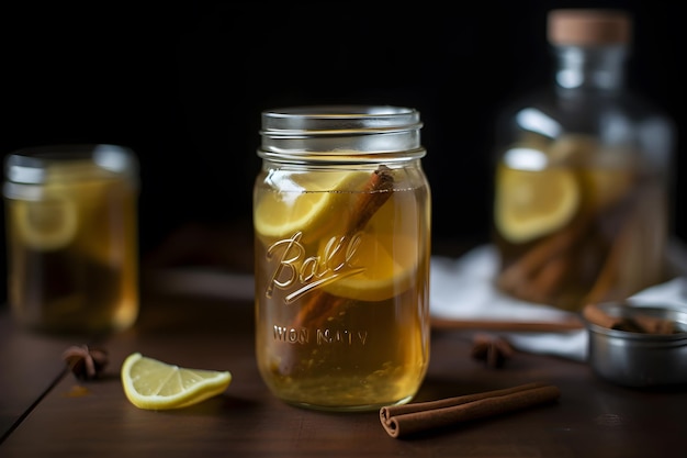 Un pot d'eau balll avec des tranches de citron et des bâtons de cannelle sur une table.