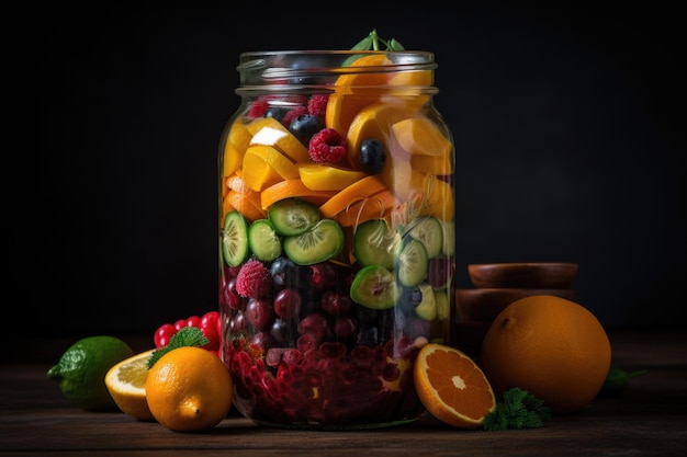 Pot empilé rempli d'une variété colorée de fruits et légumes frais créés avec une IA générative