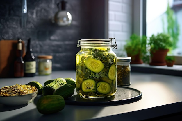 Pot avec des épices de concombres en conserve sur une planche de bois après la cuisson