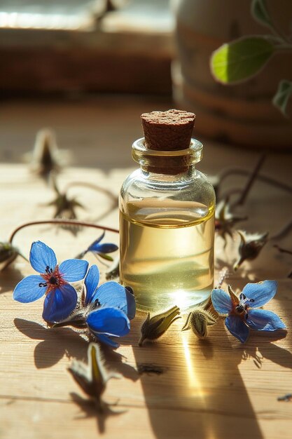 Photo pot avec un extrait d'huile essentielle d' huile de borage sur un fond en bois