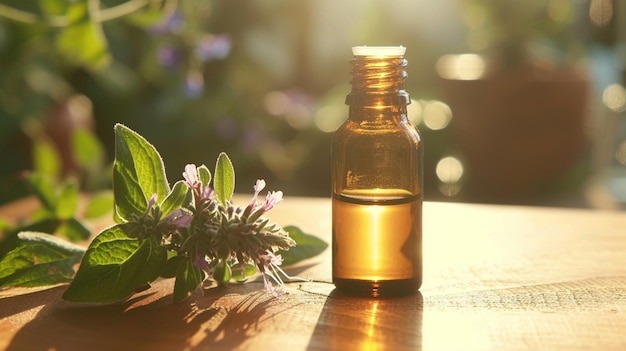 Photo pot avec de l'extrait d'huile essentielle d'ongle d'aurore sur un fond en bois