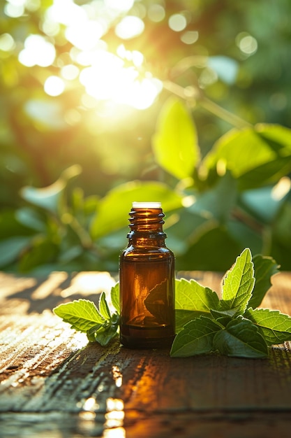 Photo pot avec extrait d'huile essentielle de stévia sur un fond en bois