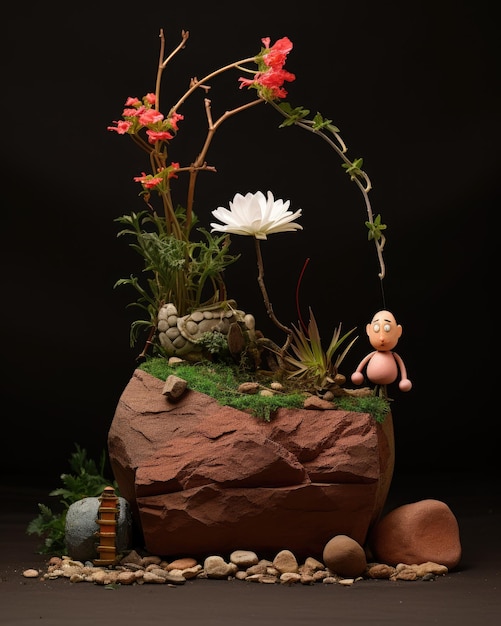 un pot fait de briques et d'argile avec des fleurs à l'intérieur a l'air simple mais beau