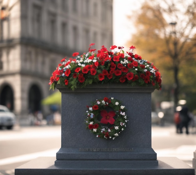 Un pot de fleur avec des fleurs rouges et blanches est sur un piédestal.