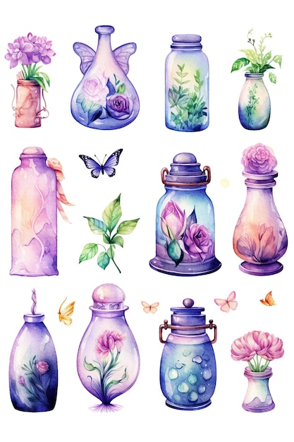 Pot de fleur magique symbole aquarelle clipart isolé sur fond blanc avec IA générative