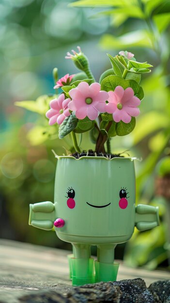 un pot de fleurs adorable avec des bras, des jambes et un visage souriant