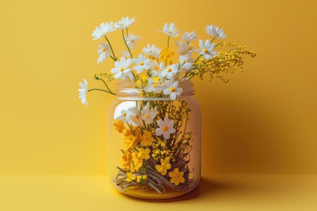 Un pot de fleurs est rempli de fleurs jaunes et blanches.