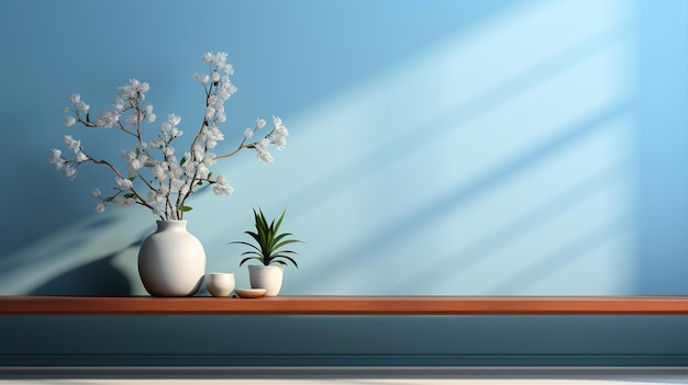 Pot de fleurs sur un fond bleu décoration minimaliste