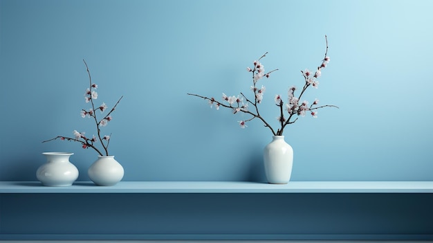 Pot de fleurs sur un fond bleu décoration minimaliste