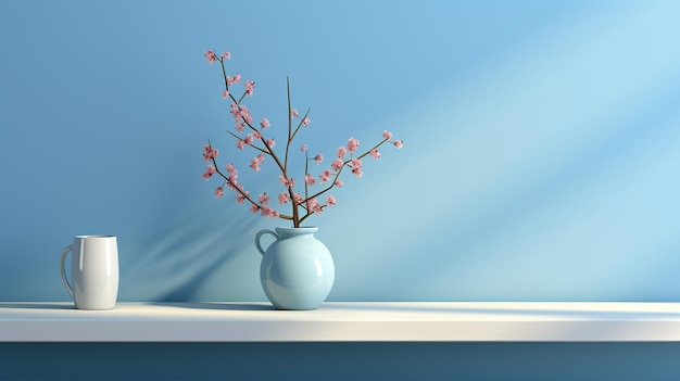 Pot de fleurs sur un fond bleu décoration minimaliste