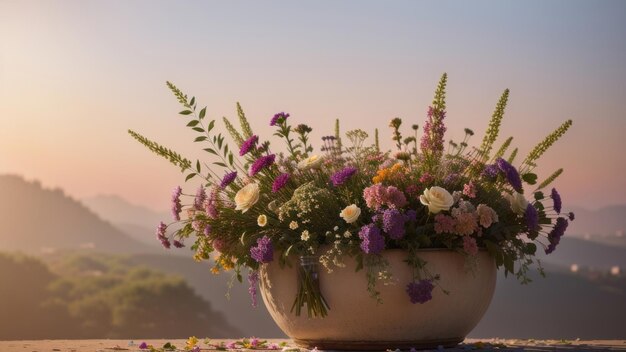 Un pot de fleurs avec un fond rose et une vue sur la montagne en arrière-plan.