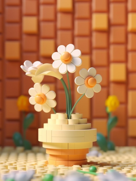 Un Pot De Fleurs En Lego Avec Une Fleur Jaune Dedans.