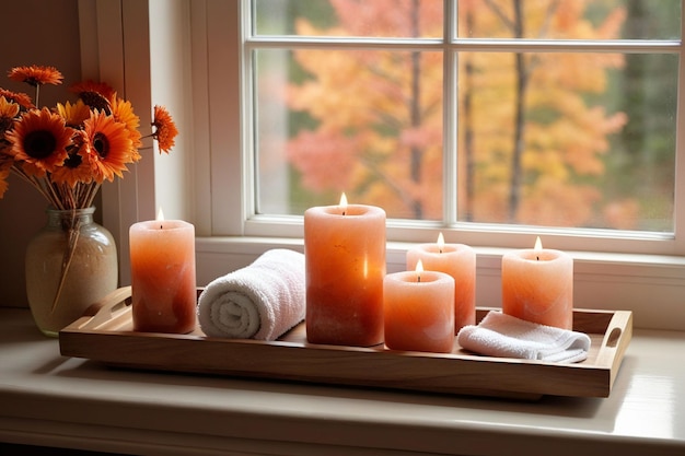 Un pot de fleurs et un plateau en bois avec des bougies et des pierres de sel à côté d'une fenêtre en automne