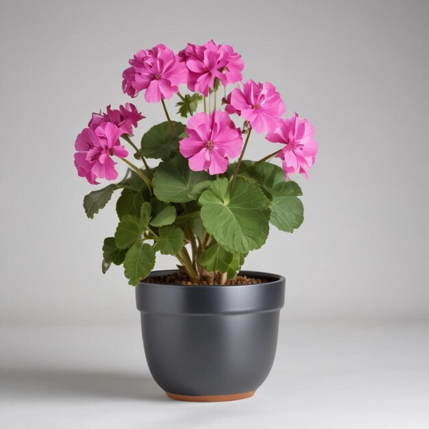 un pot avec des fleurs roses qui est sur une table blanche