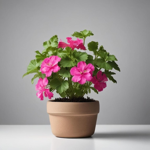 un pot avec des fleurs roses sur une table blanche