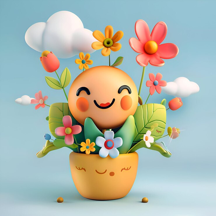 Photo pot de fleurs souriant un mignon rendu 3d de fleurs heureuses