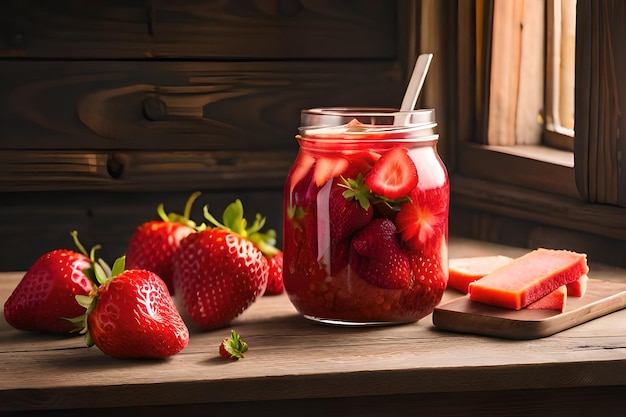 Un pot de fraises est posé sur une table en bois