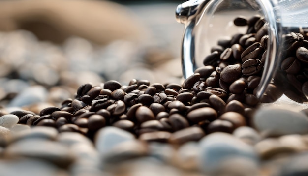 Un pot de grains de café sur une surface rocheuse