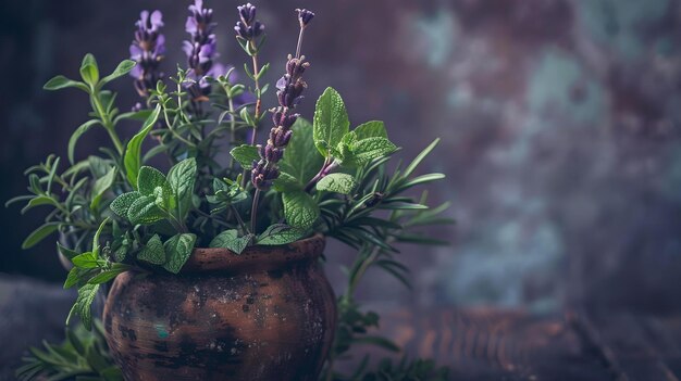 Pot d'herbe rustique avec des fleurs sur un fond en bois idéal pour la décoration d'intérieur atmosphère paisible et naturelle AI