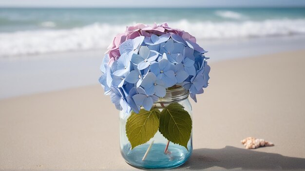 Photo un pot d'hortensia captivant au milieu de la sérénité de la plage