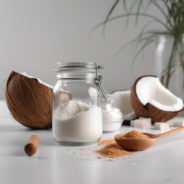 Photo un pot d'huile de coco avec une noix de coco et de la noix de coco sur une table.