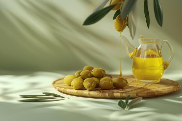 Un pot d'huile d'olive coule d'une cruche sur un plateau en bois avec plusieurs olives