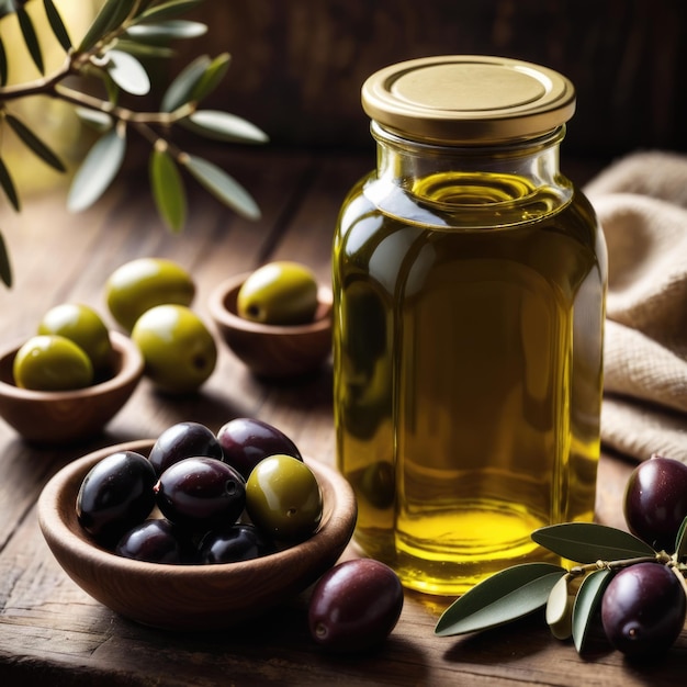 Un pot d'huile d'olive placé à côté d'une collection d'olives