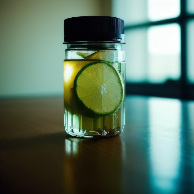 Un pot de jus de citron vert avec un bouchon noir est posé sur une table.