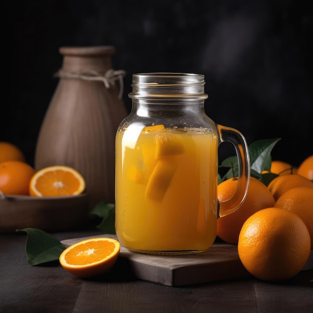 Un pot de jus d'orange avec quelques oranges dessus