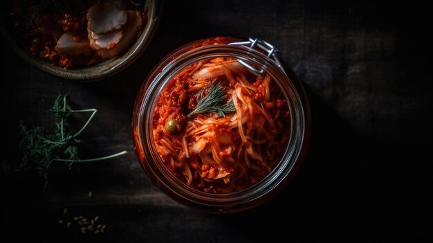 Un pot de kimchi avec une cuillère à côté