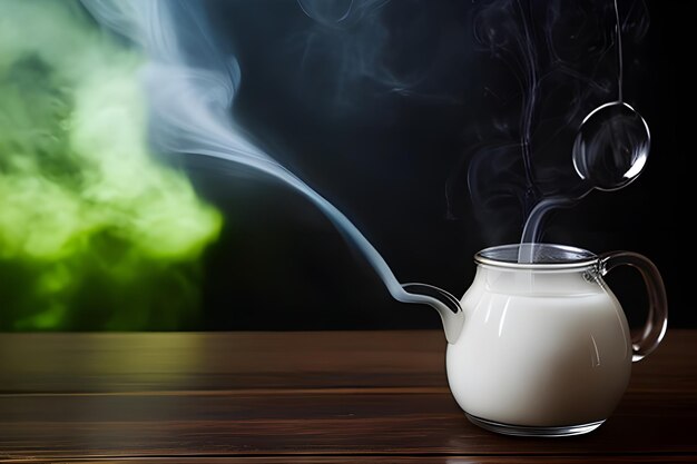 Photo un pot de lait rempli d'eau une tasse de bois colorée