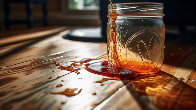 Photo un pot de liquide posé sur une table en bois