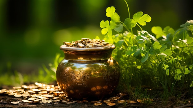 Un pot de lutin plein d'or dans la clairière avec de jeunes feuilles de trèfle laisse une carte postale pour la Saint-Patrick