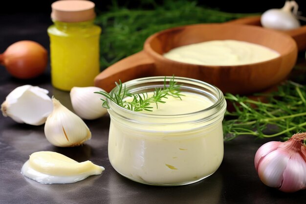 Photo pot de mayonnaise sans œufs à côté des ingrédients