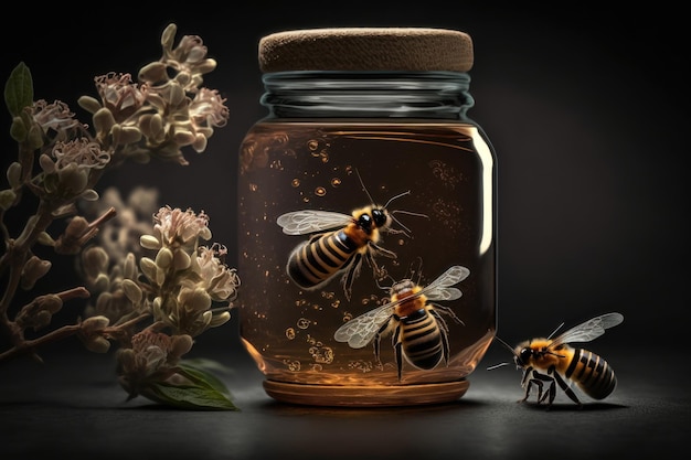 Pot de miel et abeilles générées par l'IA