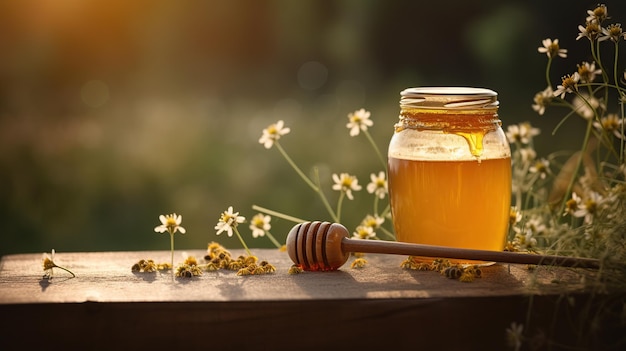 Pot de miel avec un bâton de miel