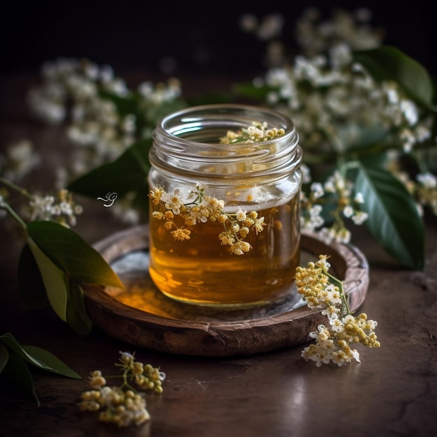 Un pot de miel avec une branche de fleurs d'abricot dessus.