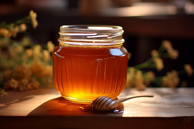 Un pot de miel avec un couvercle blanc et une fleur blanche au milieu