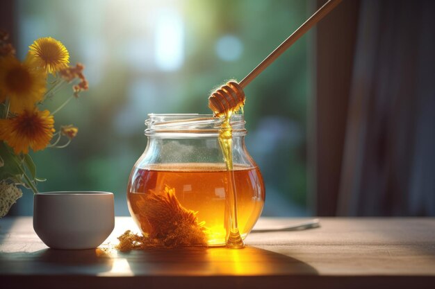 Photo le pot de miel, la cuillère en bois, la génération d'une ia.