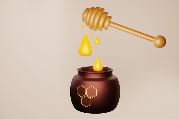 un pot de miel dans lequel tombent des gouttes d'une cuillère illustration 3d
