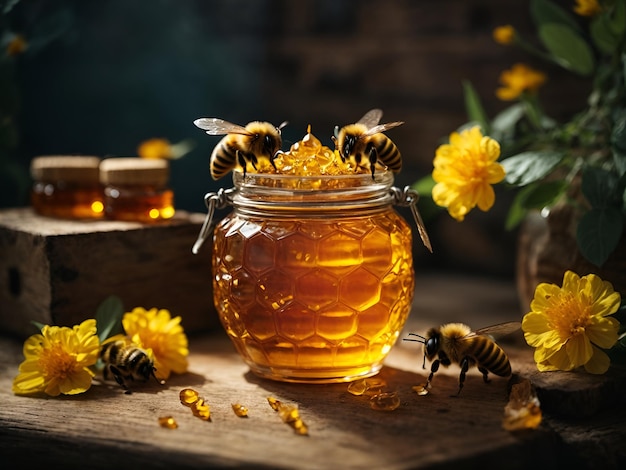 Pot de miel fait main avec des abeilles