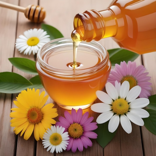 Pot de miel avec des fleurs Photo de l'objet du produit de miel