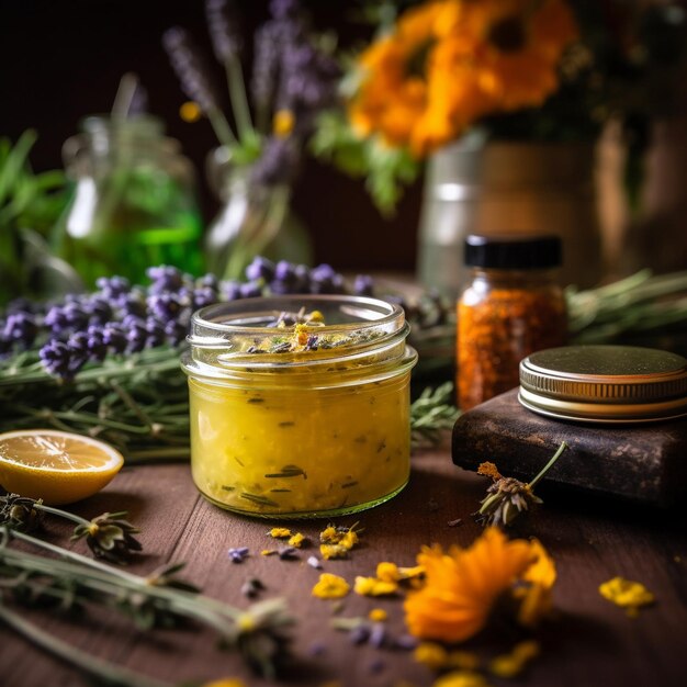 un pot de miel avec des fleurs et un pot de miel dessus.