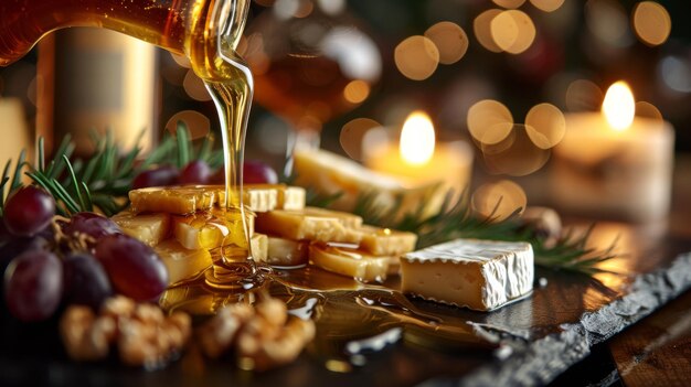 Photo un pot de miel d'or versé sur un plateau de fromage