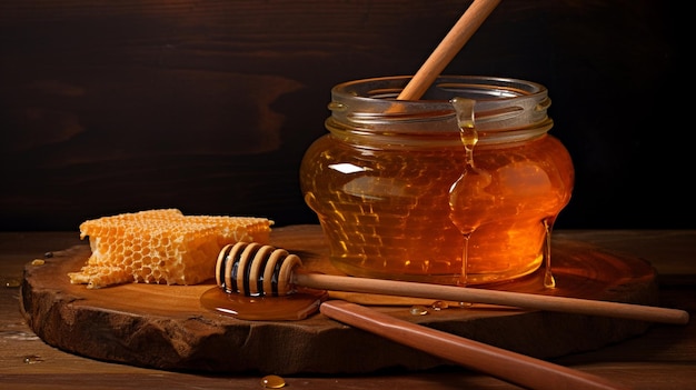 un pot de miel avec un pot en bois et un pot avec des fleurs fraîches sur une table en bois