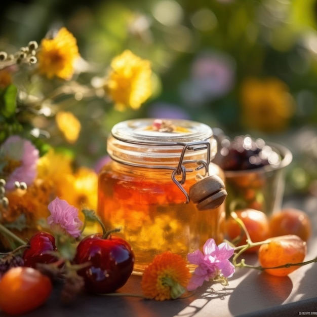 Un pot de miel avec un pot de miel à côté d'un bouquet de tomates cerises.