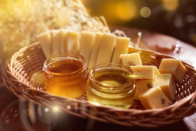 Un pot de miel sucré avec du fromage et des roses et du pain frais avec une lumière vive belle décoration photo créative dans un seau sur une table en bois dans le jardin avec des fleurs pour le petit déjeuner une cuisine délicieuse