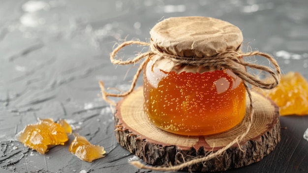 Photo un pot de miel sur une surface en bois