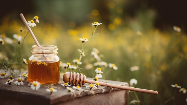 Le pot de miel sur une table avec un fond fleuri