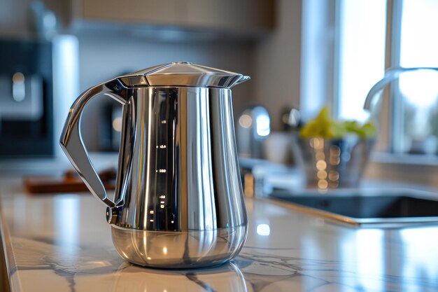 Un pot de moka italien en acier inoxydable sur un comptoir de cuisine moderne à la lumière du jour